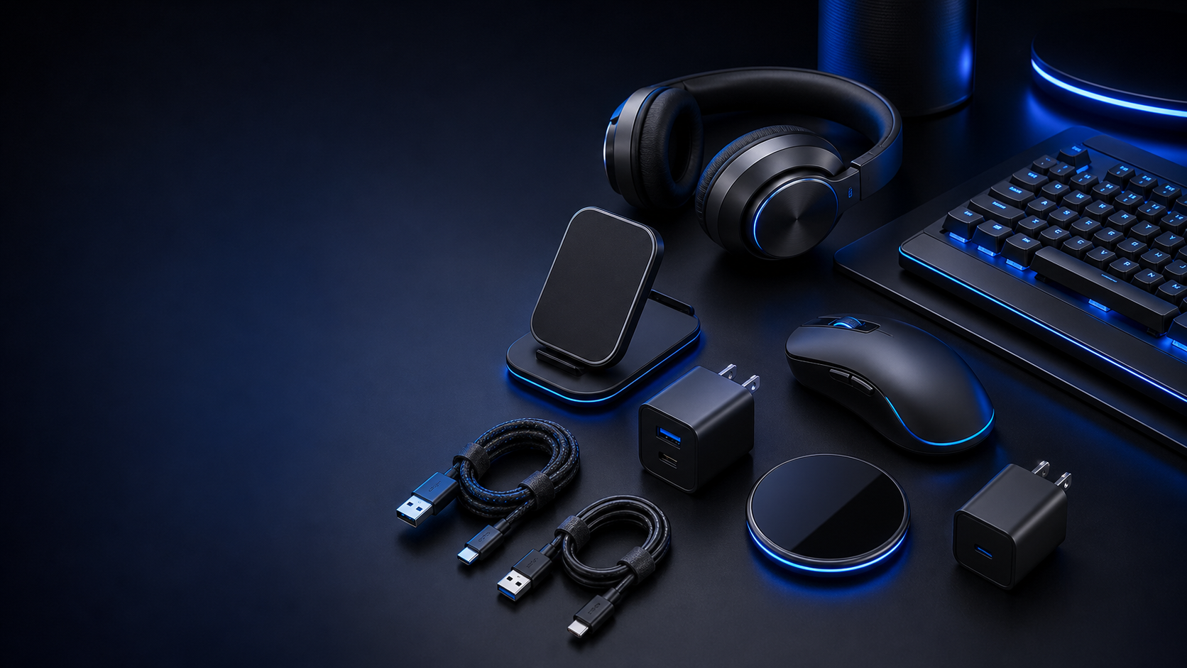 Mouse, teclado, headset, cabos e carregadores de tecnologia