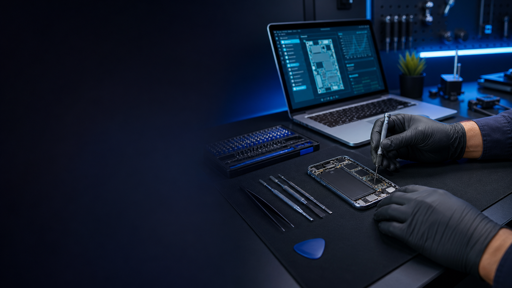 Técnico trabalhando em smartphone e notebook para assistência técnica